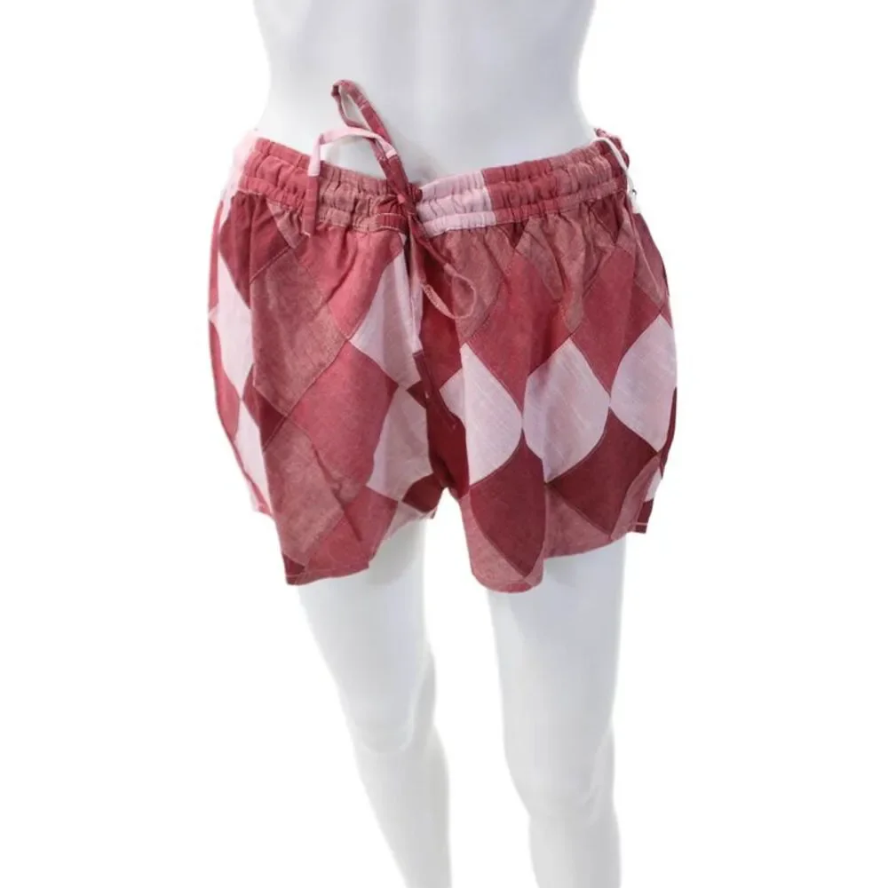 Warm Womens Cotton Elastic Waist Checkered Print Shorts Red Size 1